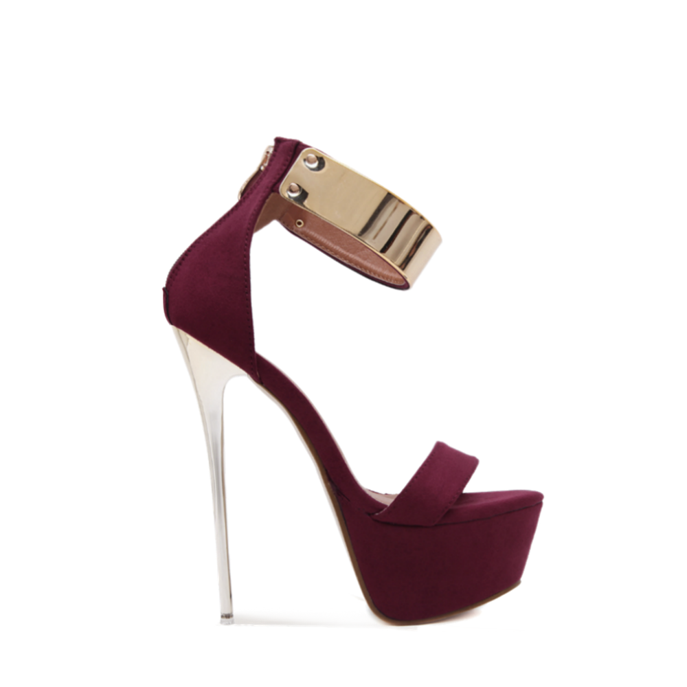 Burgundy Stiletto Heels With Gold Ankle Straps